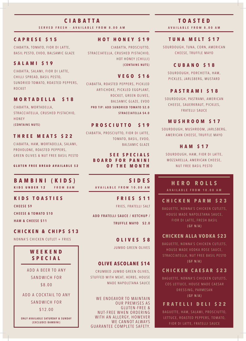 Menu, Fratelli Italian Deli