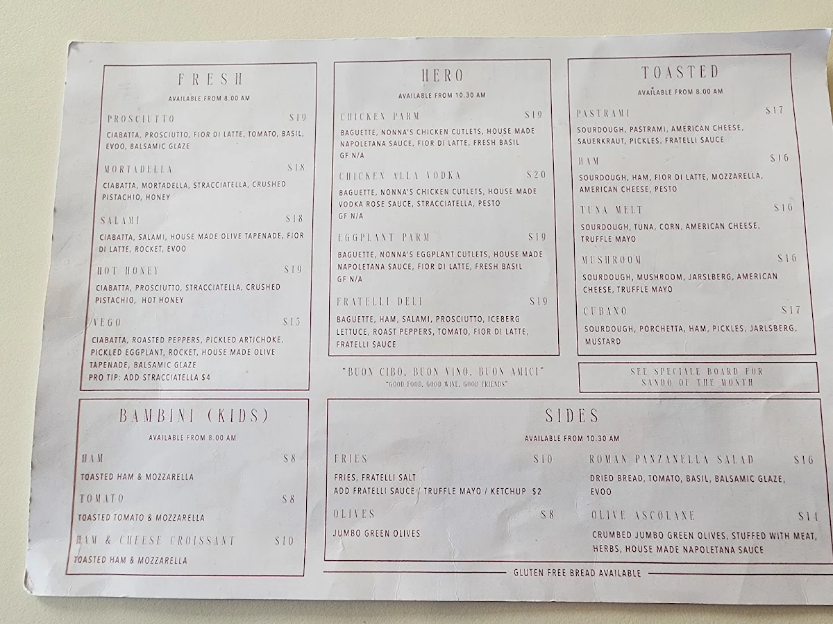 Menu, Fratelli Italian Deli