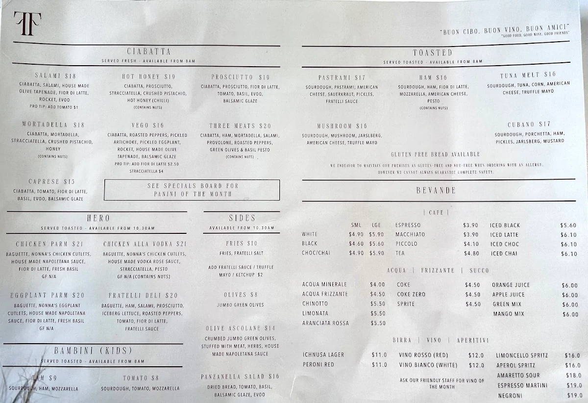 Menu, Fratelli Italian Deli