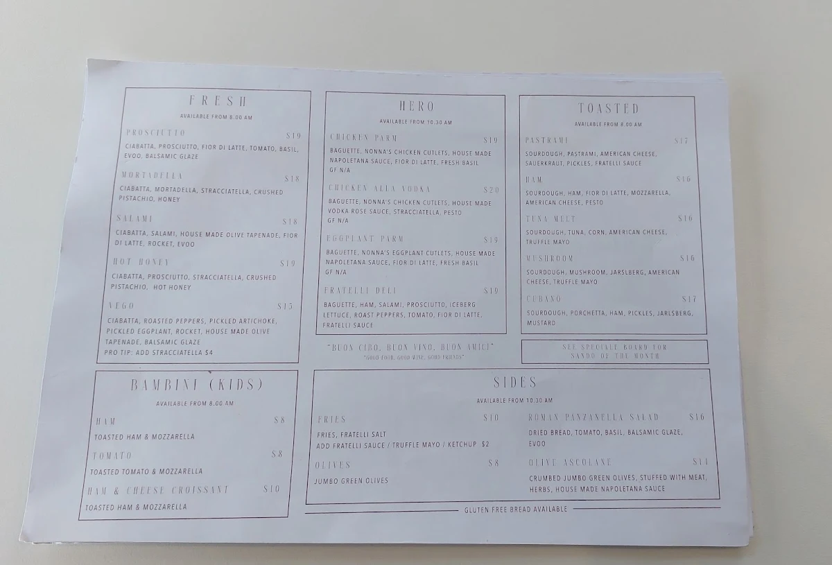 Menu, Fratelli Italian Deli