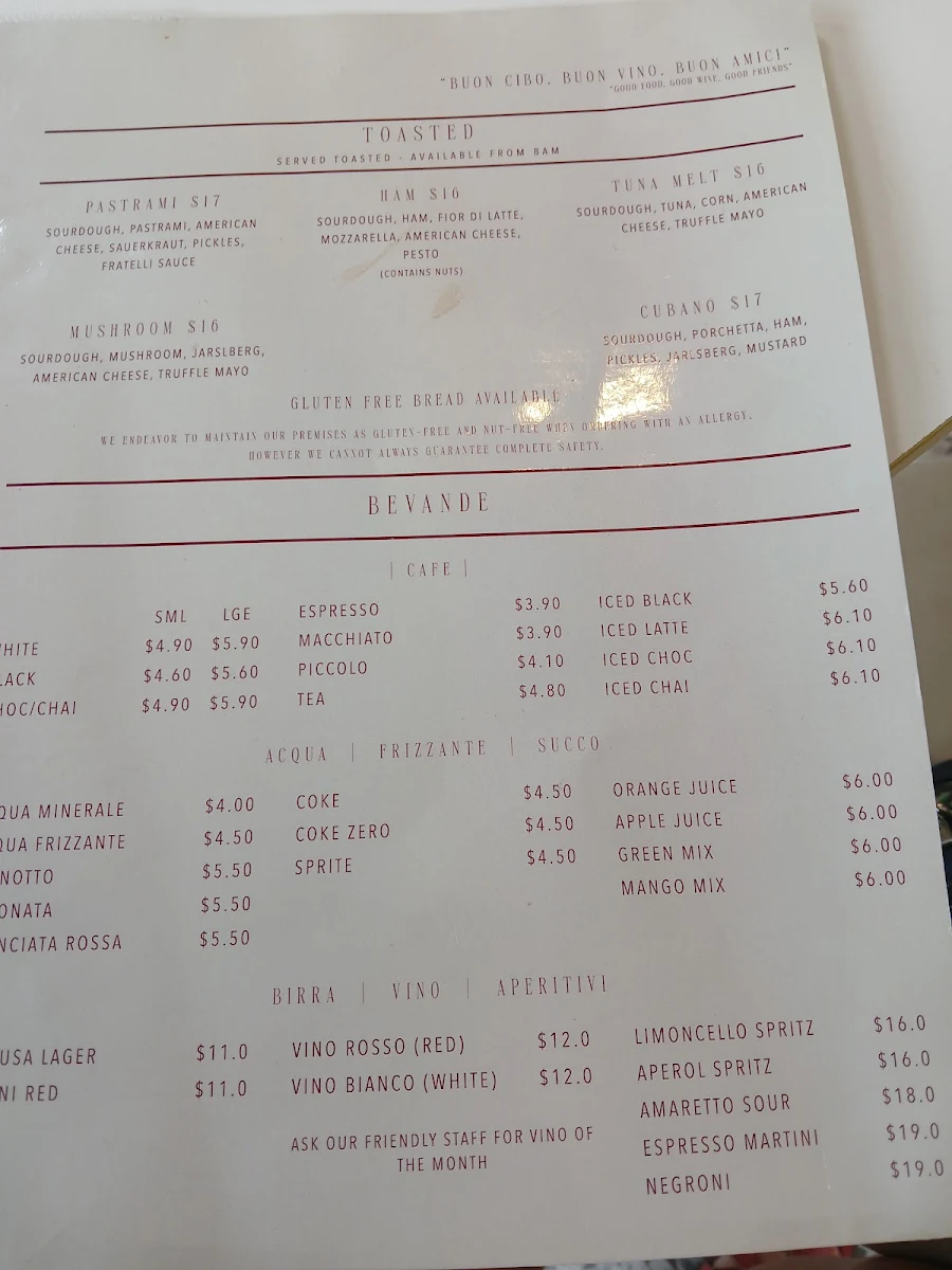 Menu, Fratelli Italian Deli