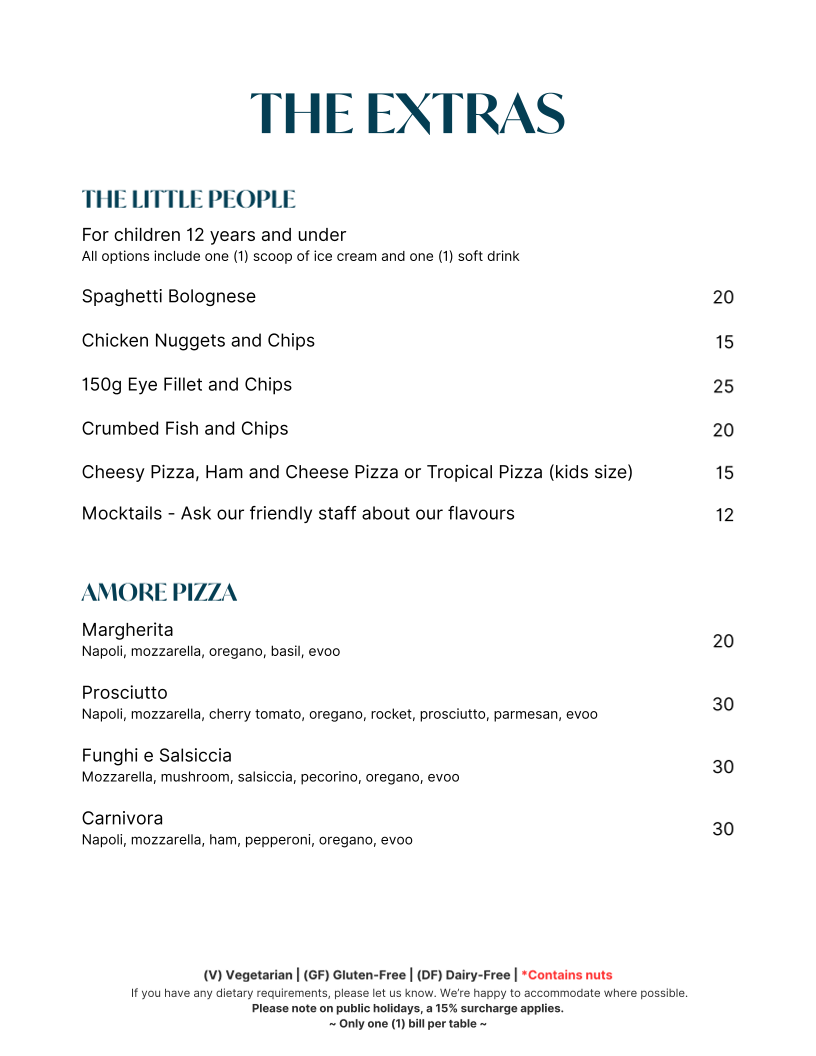 Menu, Amore Ristorante