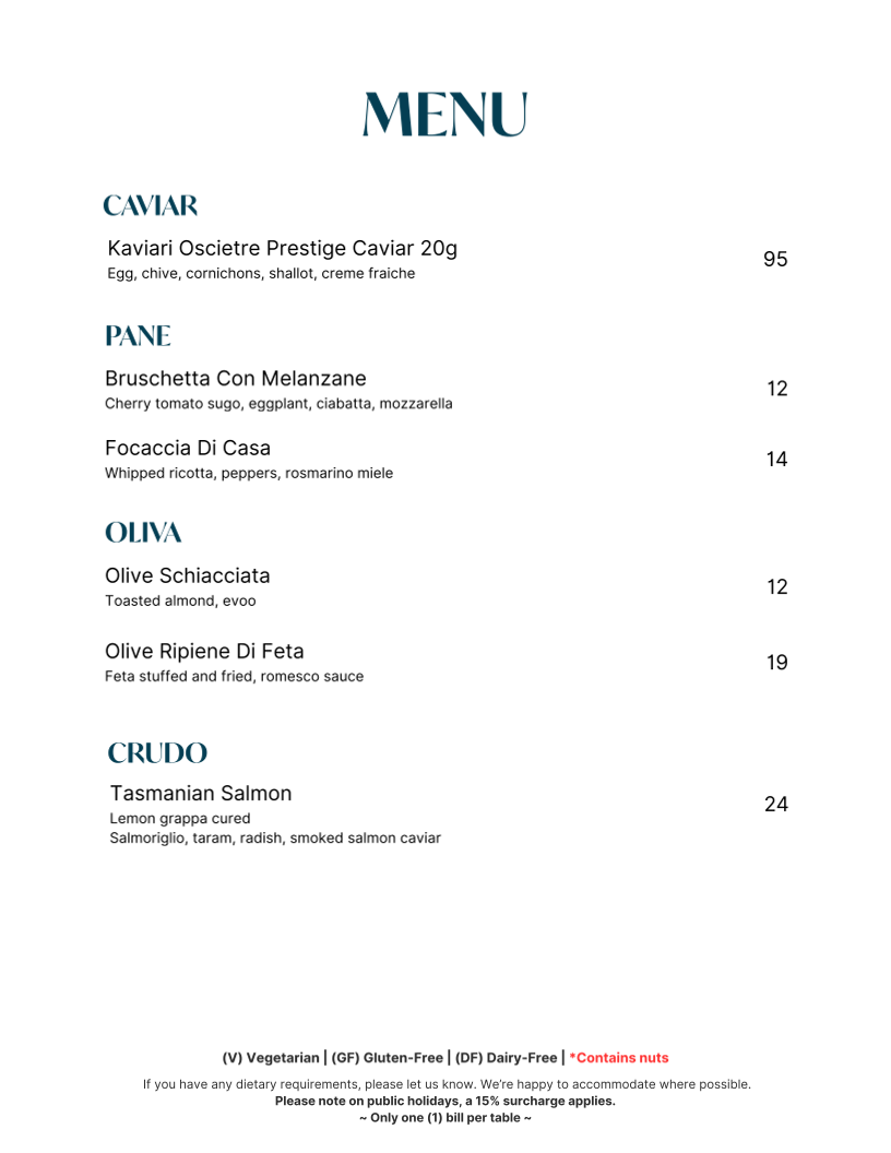 Menu, Amore Ristorante