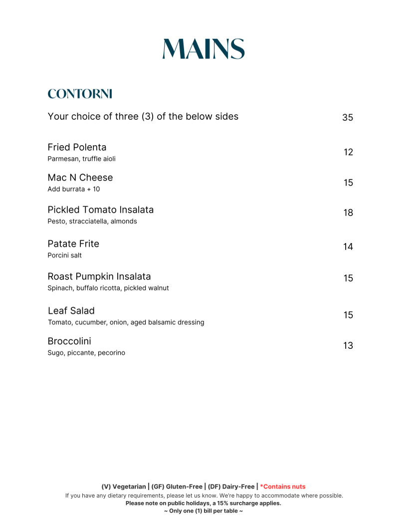 Menu, Amore Ristorante