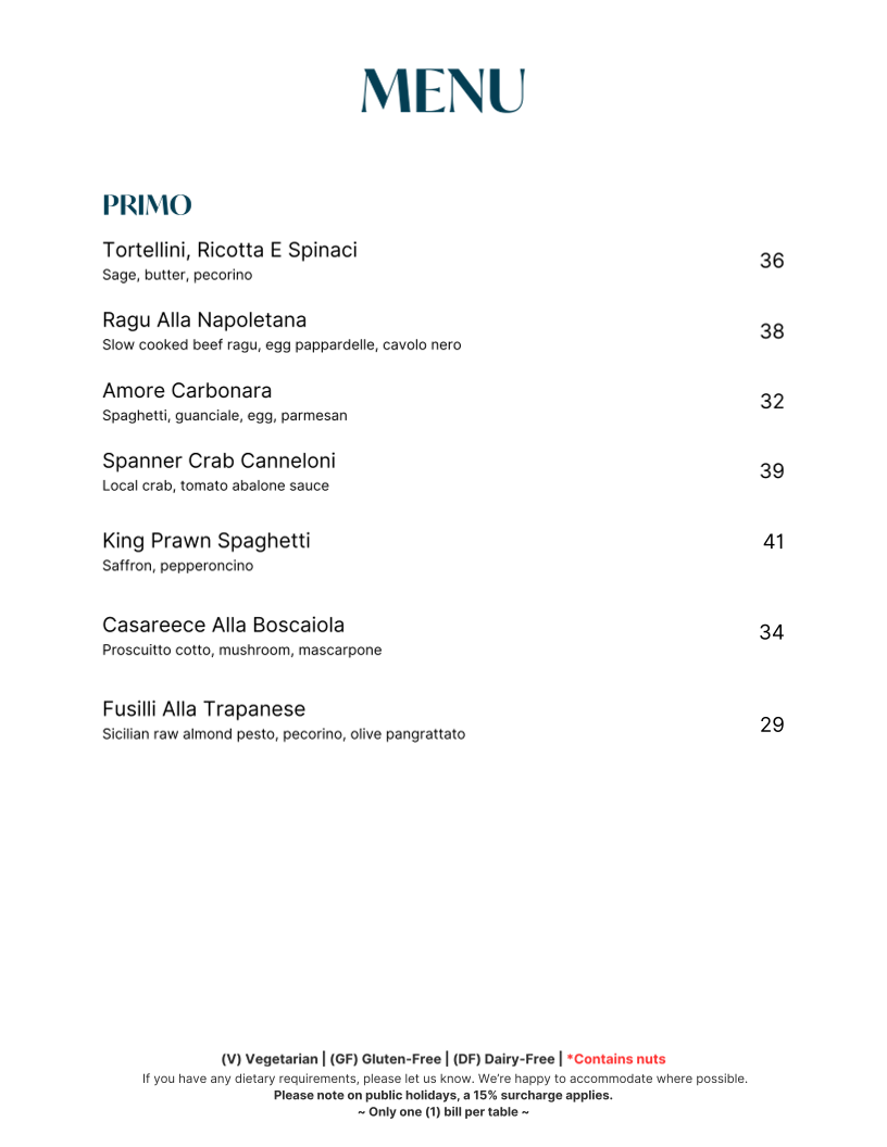 Menu, Amore Ristorante