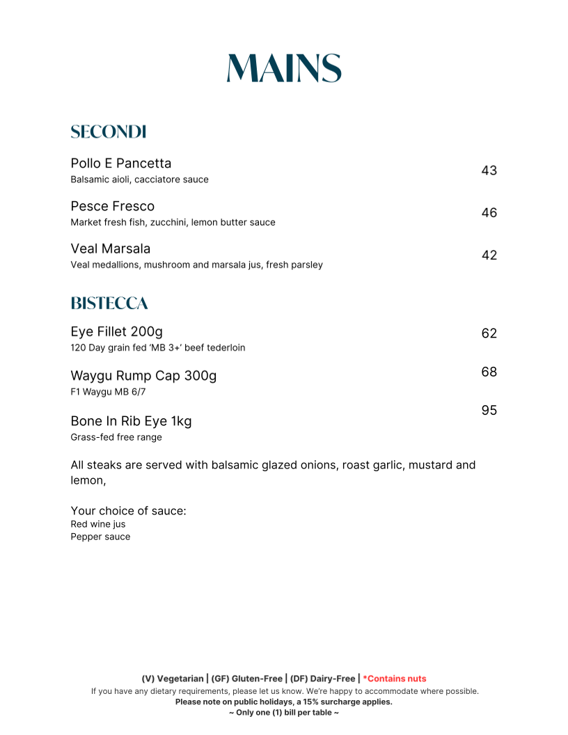 Menu, Amore Ristorante