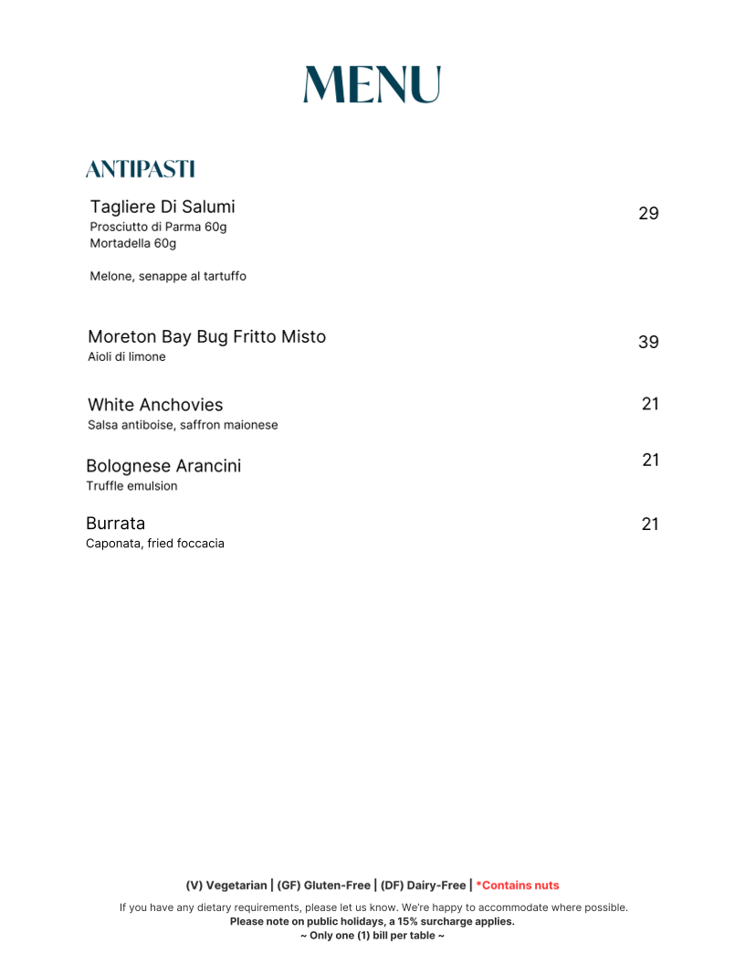 Menu, Amore Ristorante