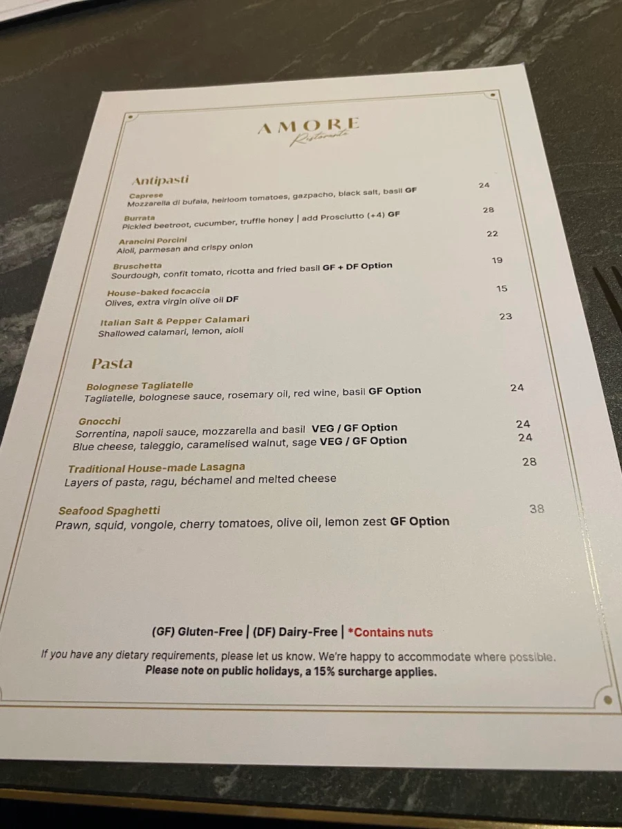 Menu, Amore Ristorante