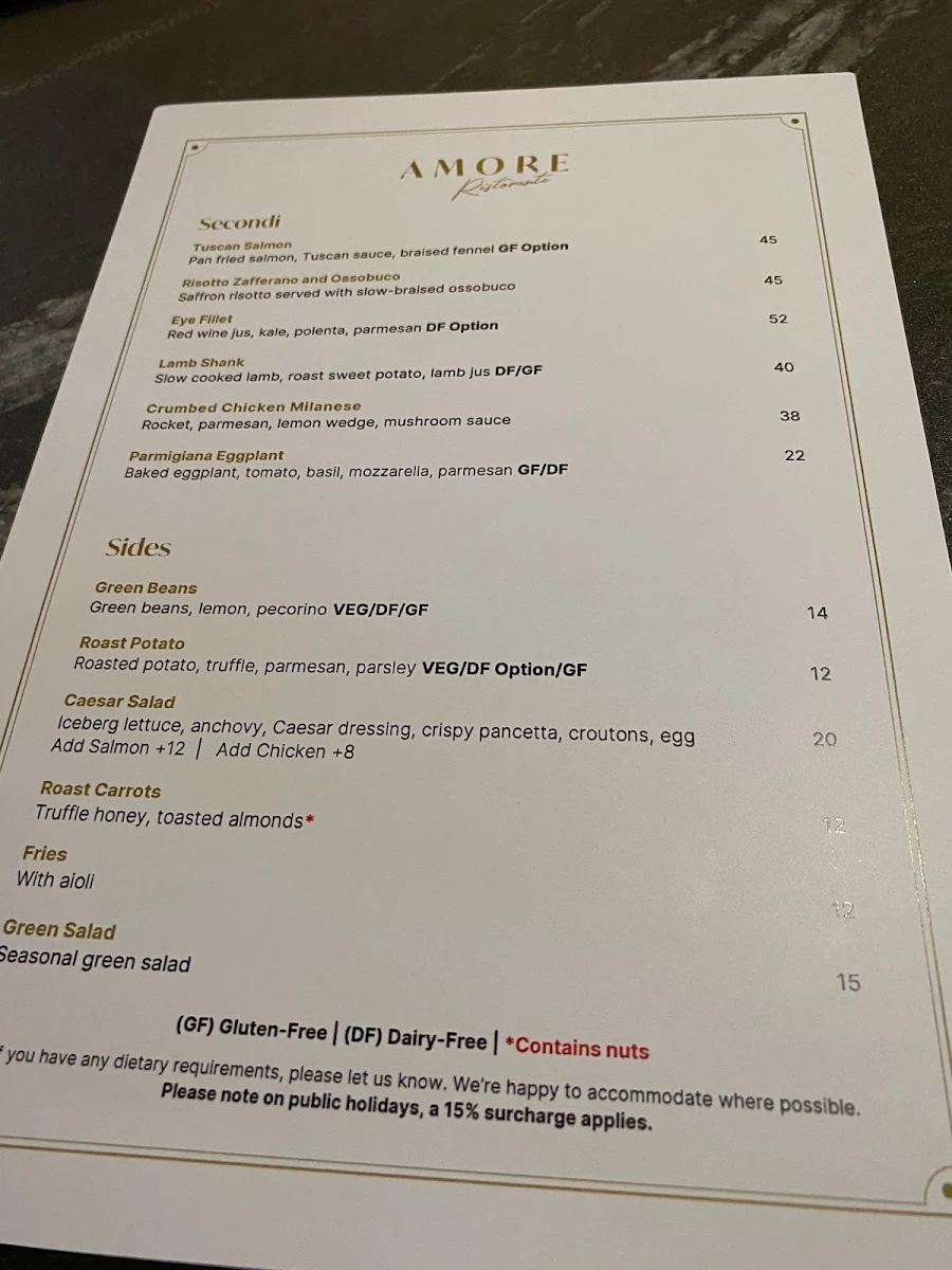 Menu, Amore Ristorante