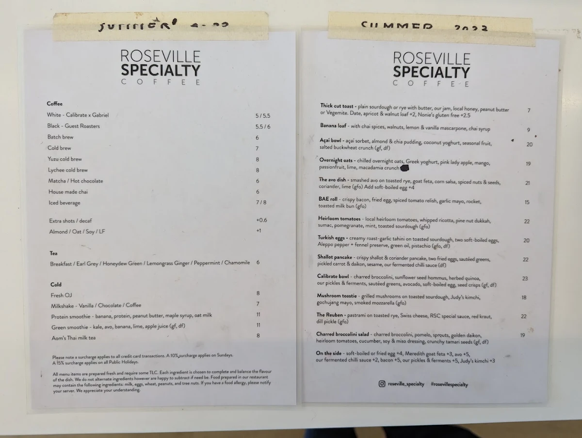 Menu, Calibrate Coffee - Roseville Specialty Coffee