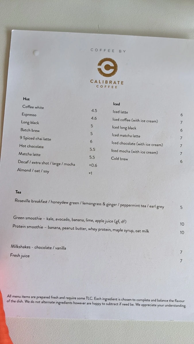 Menu, Calibrate Coffee - Roseville Specialty Coffee