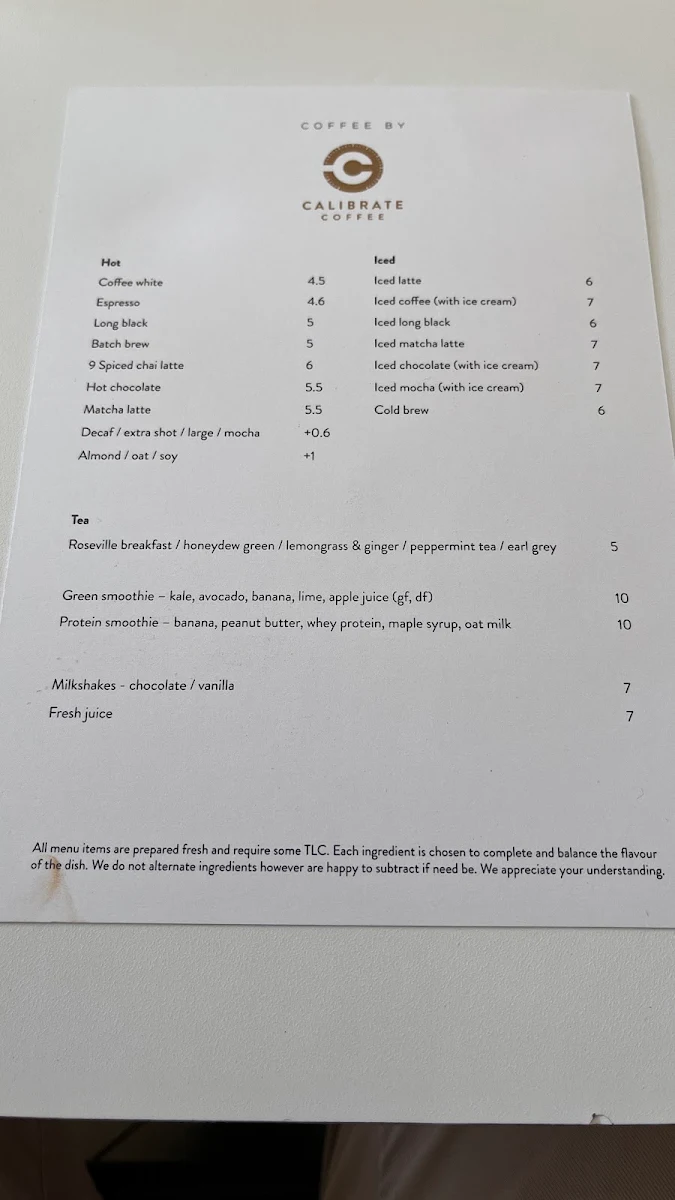 Menu, Calibrate Coffee - Roseville Specialty Coffee