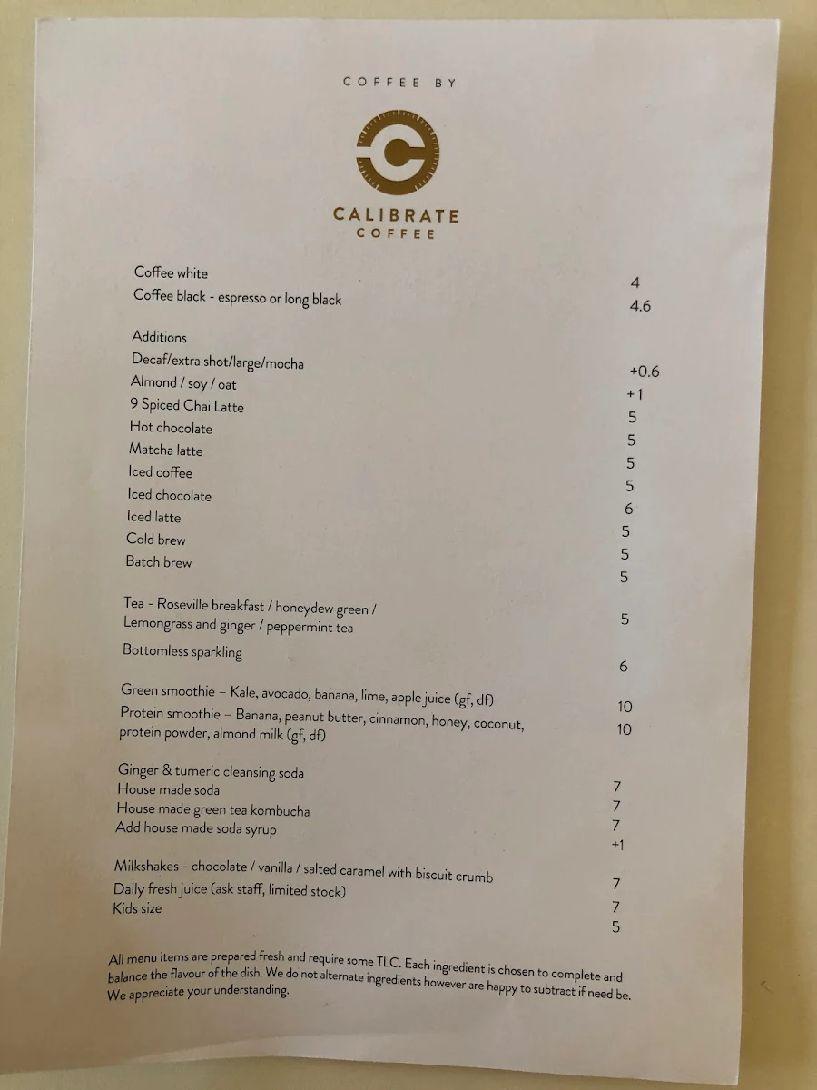 Menu, Calibrate Coffee - Roseville Specialty Coffee