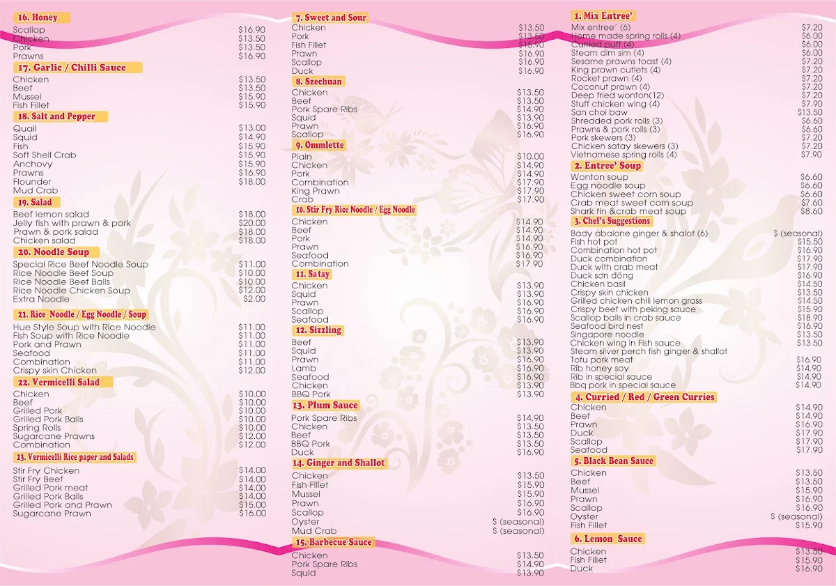 Menu, Kim Khanh Restaurant