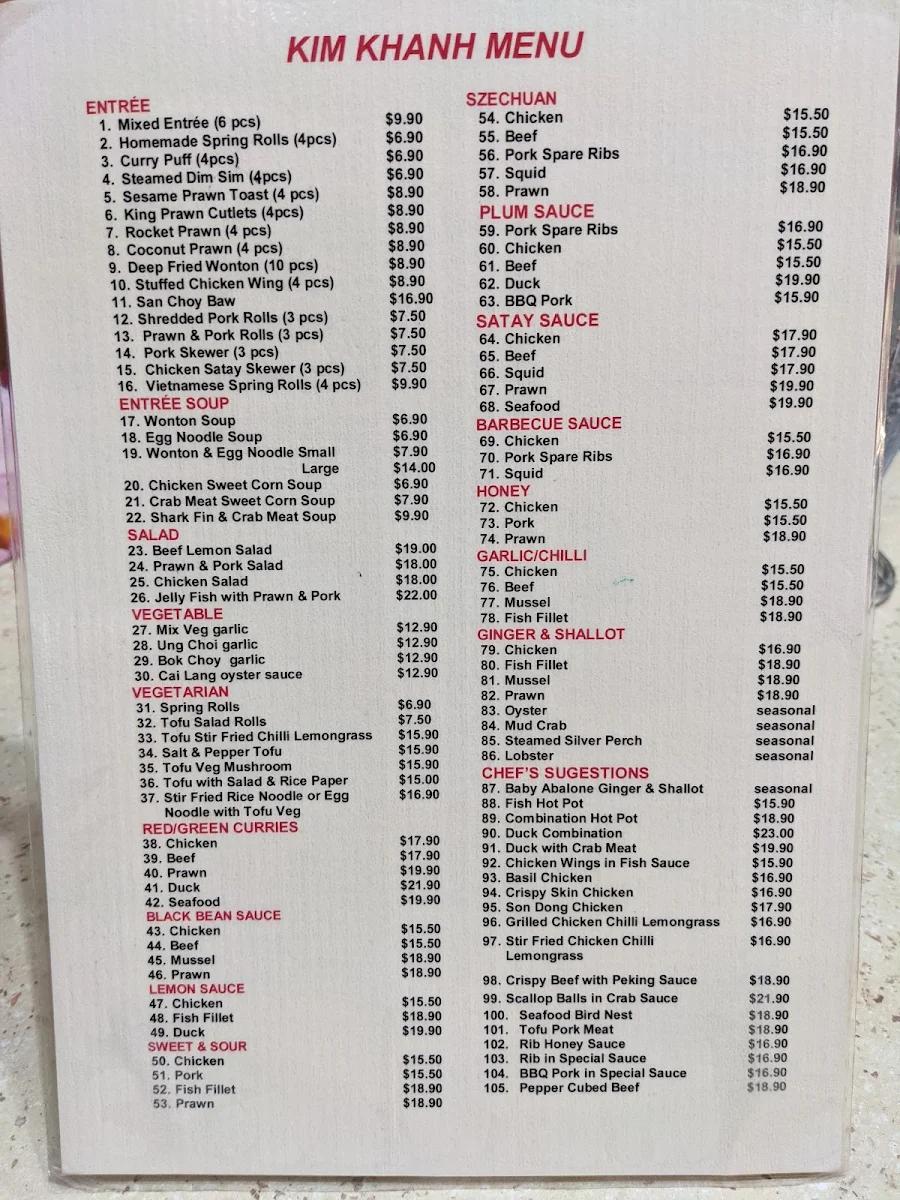 Menu, Kim Khanh Restaurant