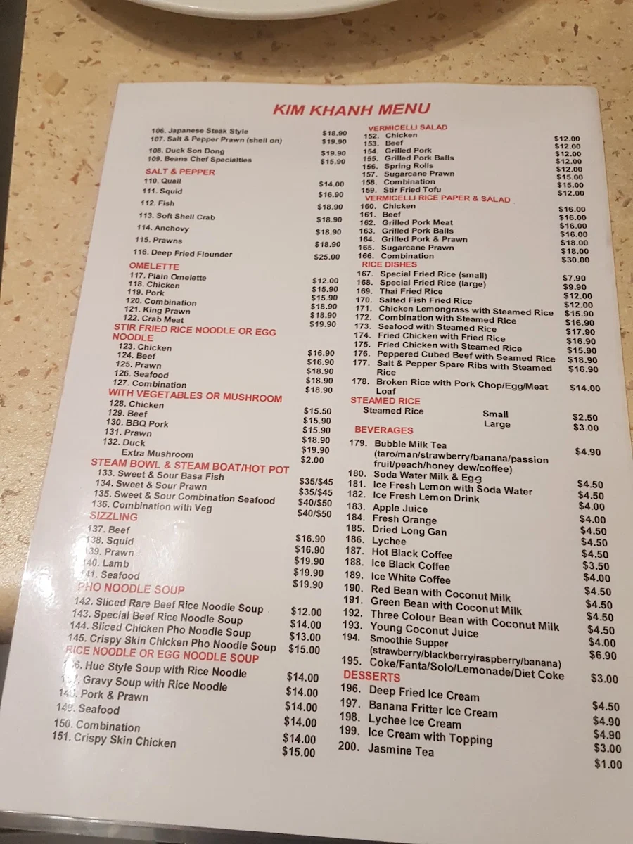 Menu, Kim Khanh Restaurant