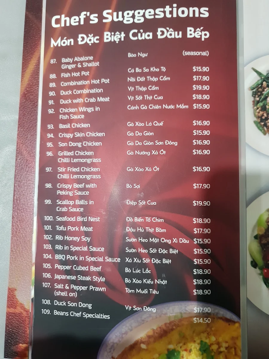 Menu, Kim Khanh Restaurant