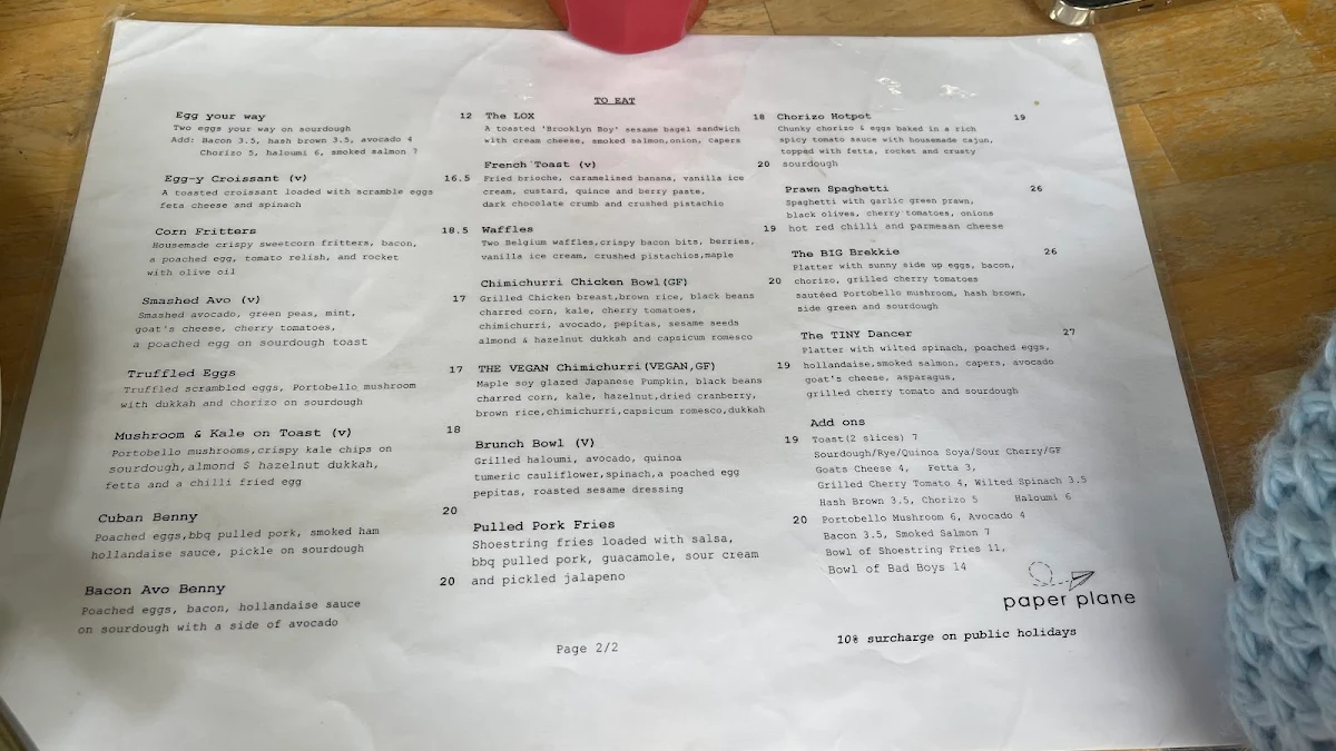 Menu, Paper Plane Cafe Parramatta