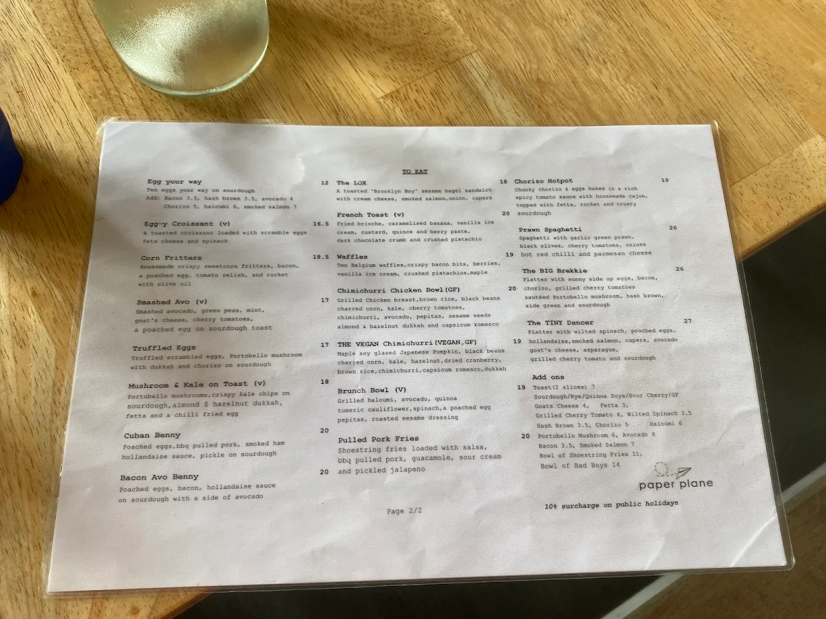 Menu, Paper Plane Cafe Parramatta
