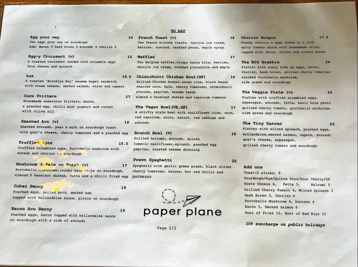 Menu, Paper Plane Cafe Parramatta