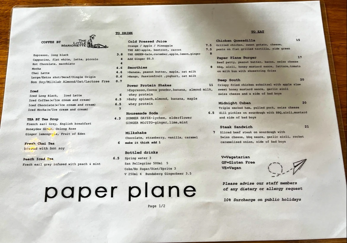 Menu, Paper Plane Cafe Parramatta