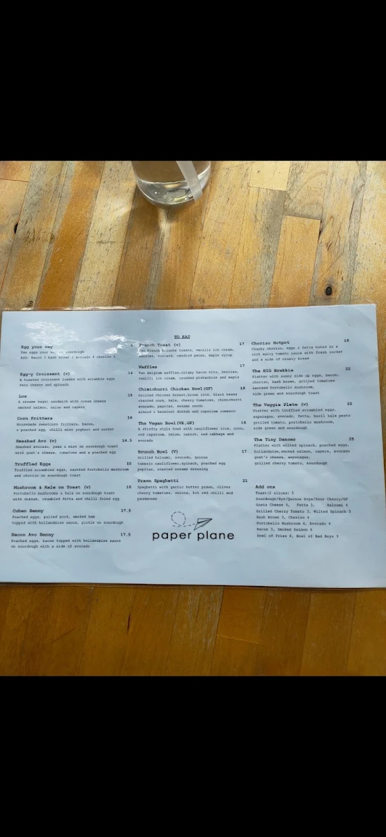 Menu, Paper Plane Cafe Parramatta