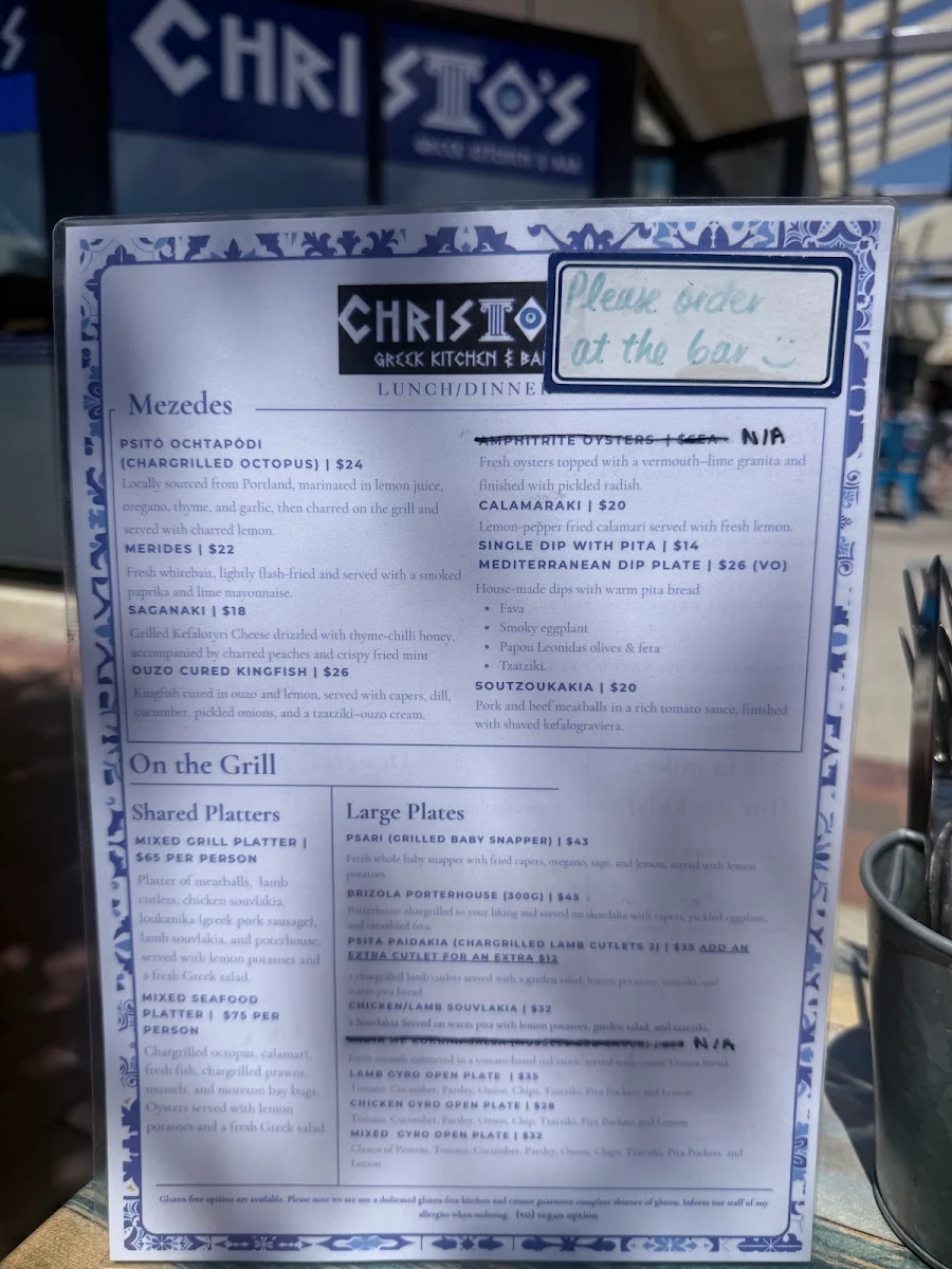 Menu, Christo's Greek Kitchen