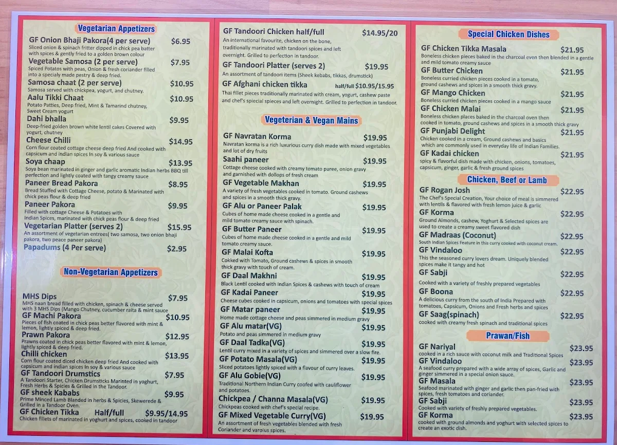 Menu, Masala Hut