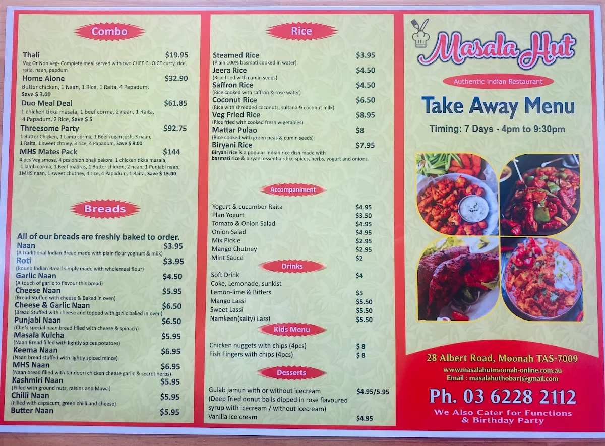 Menu, Masala Hut