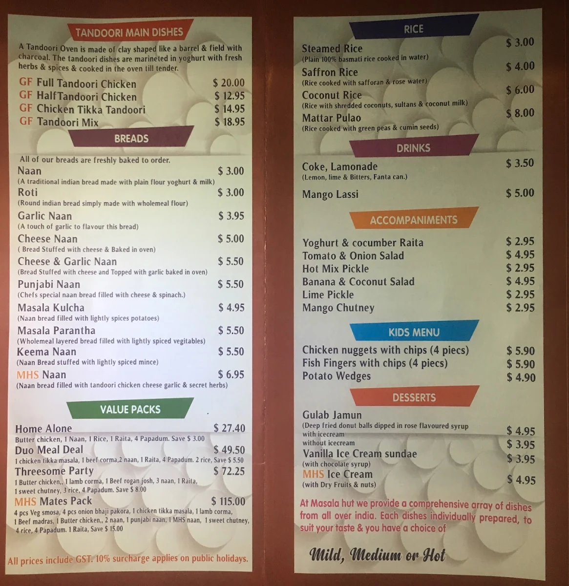 Menu, Masala Hut