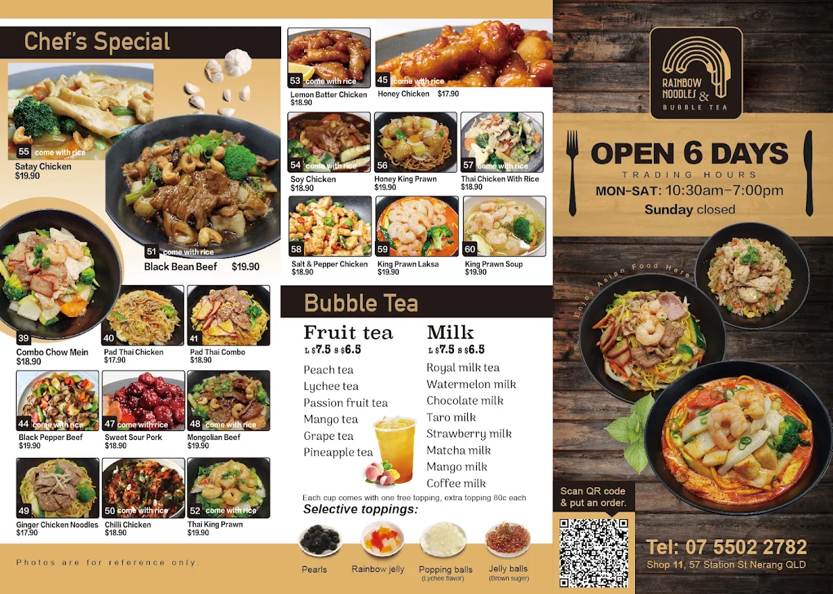 Menu, Rainbow Noodles & Bubble Tea -Nerang