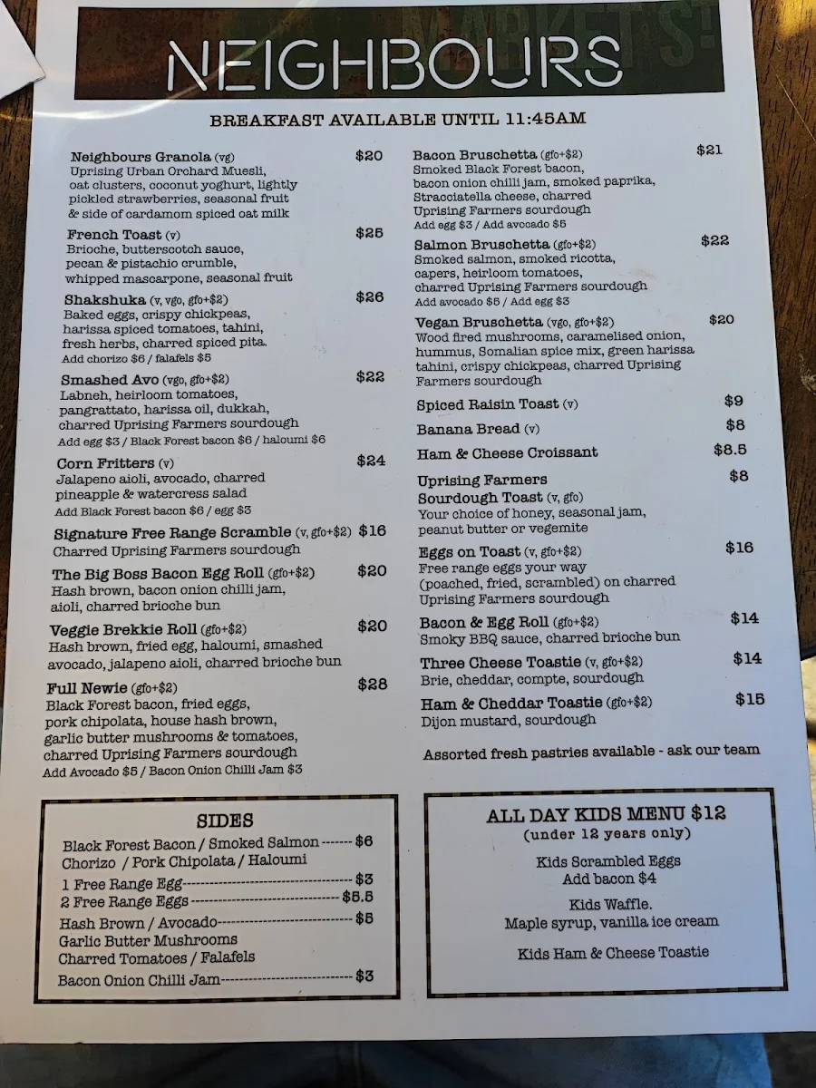 Menu, Neighbours on Market St