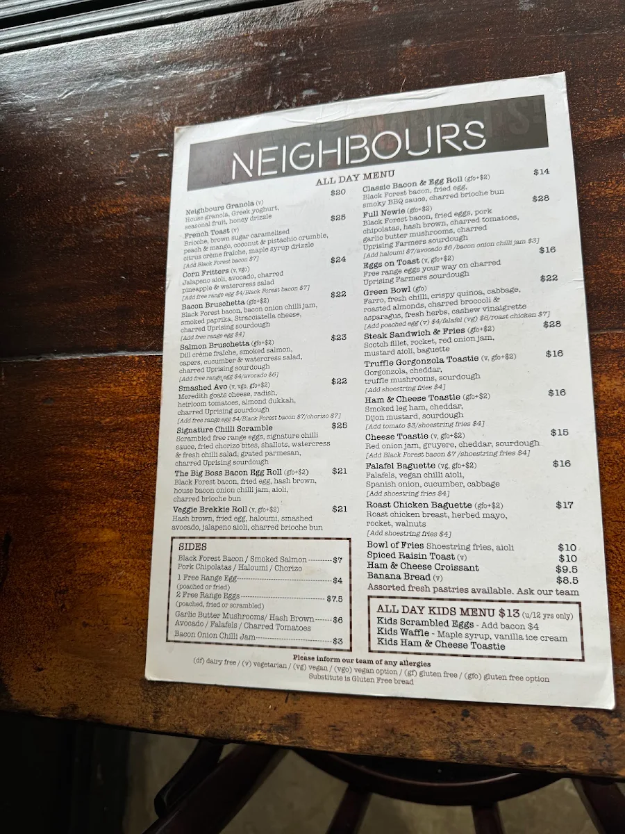 Menu, Neighbours on Market St
