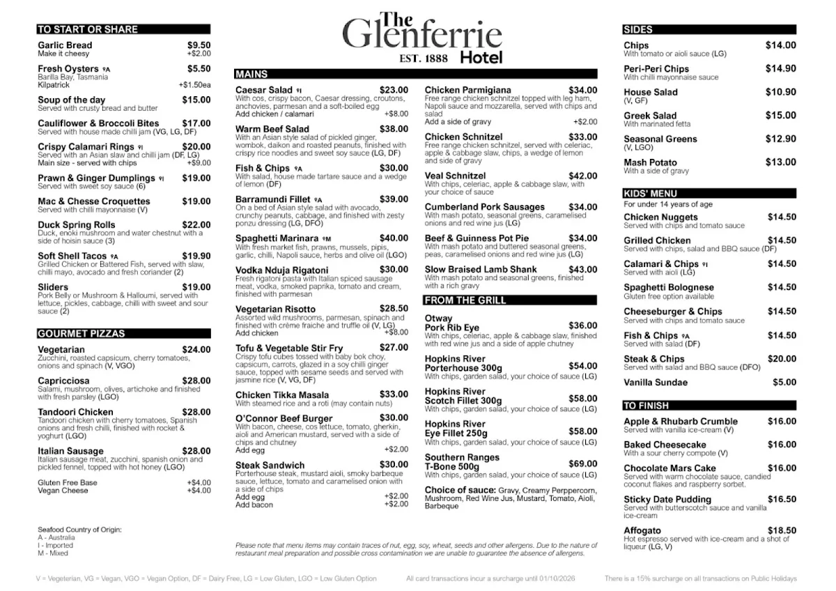 Menu, Glenferrie Hotel