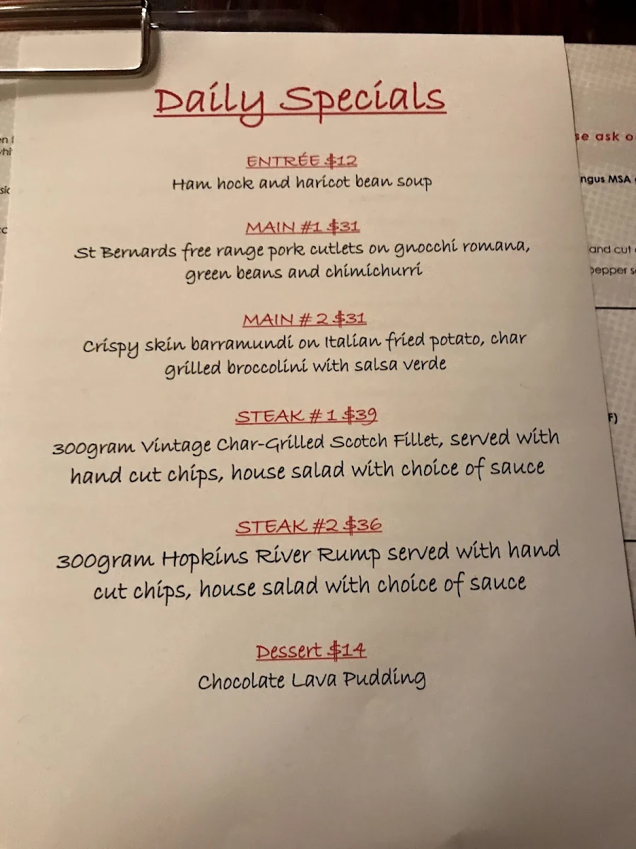 Menu, Glenferrie Hotel