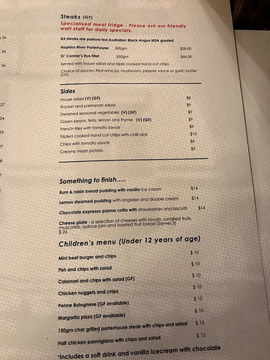 Menu, Glenferrie Hotel