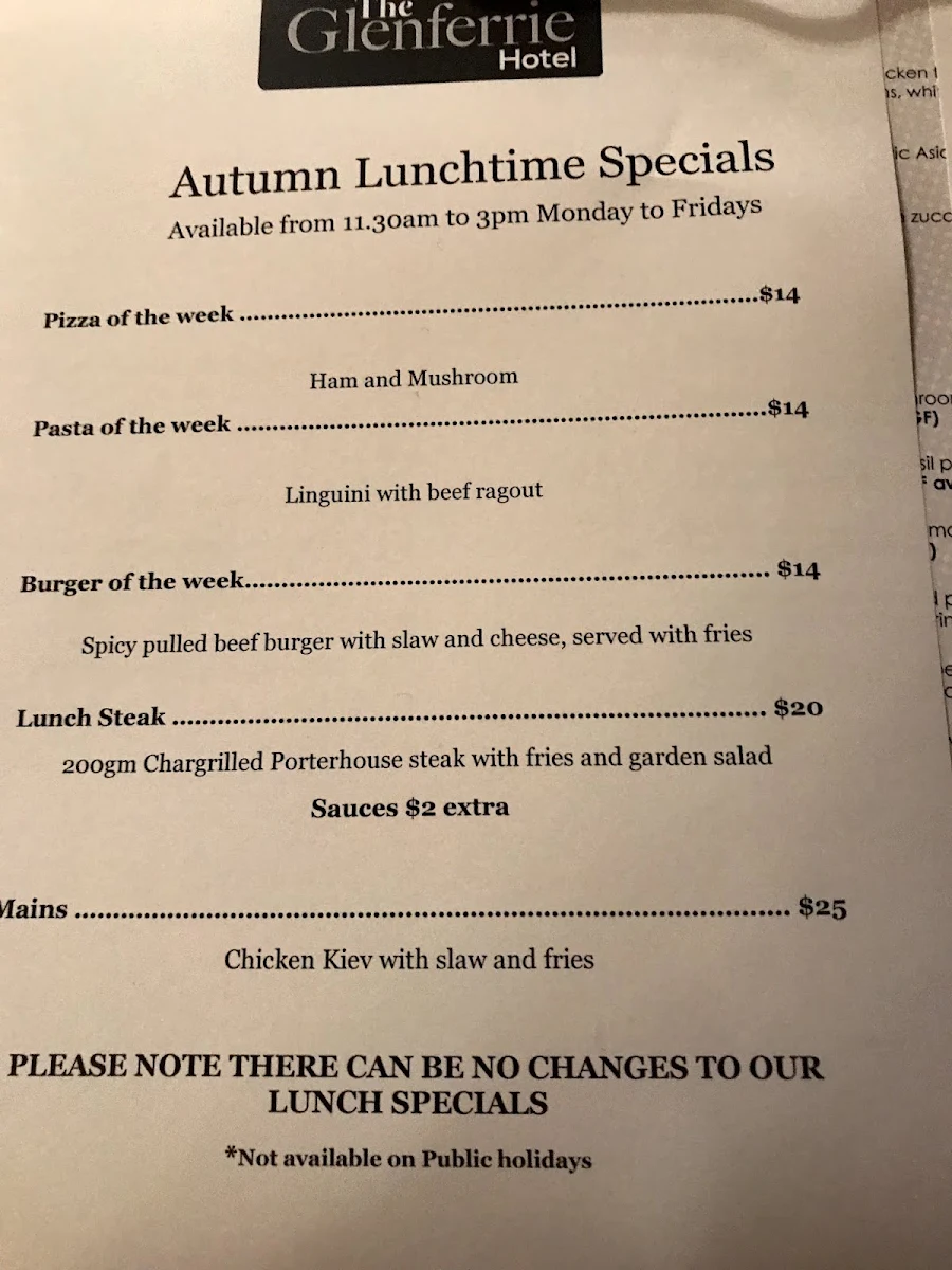 Menu, Glenferrie Hotel