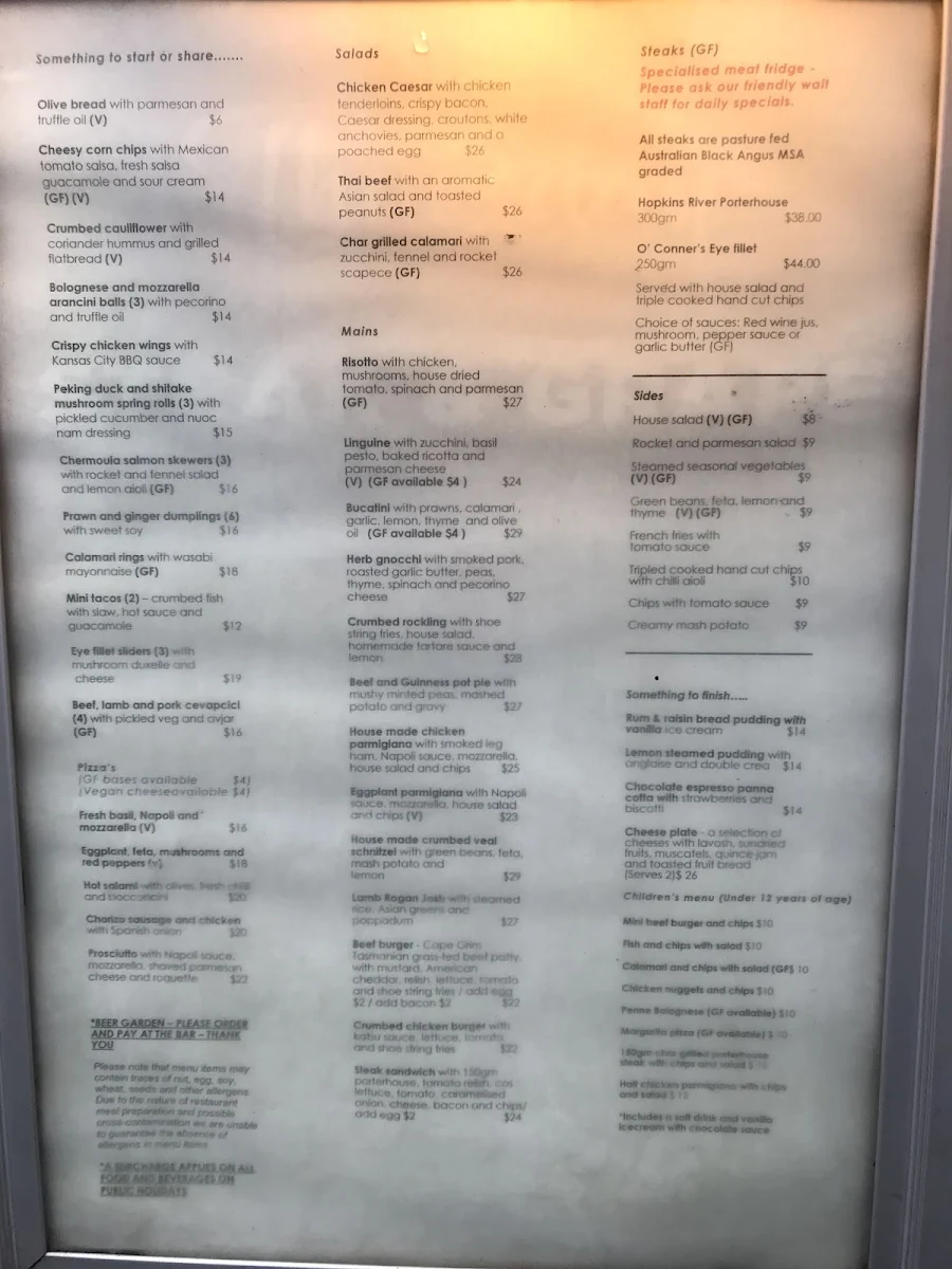 Menu, Glenferrie Hotel