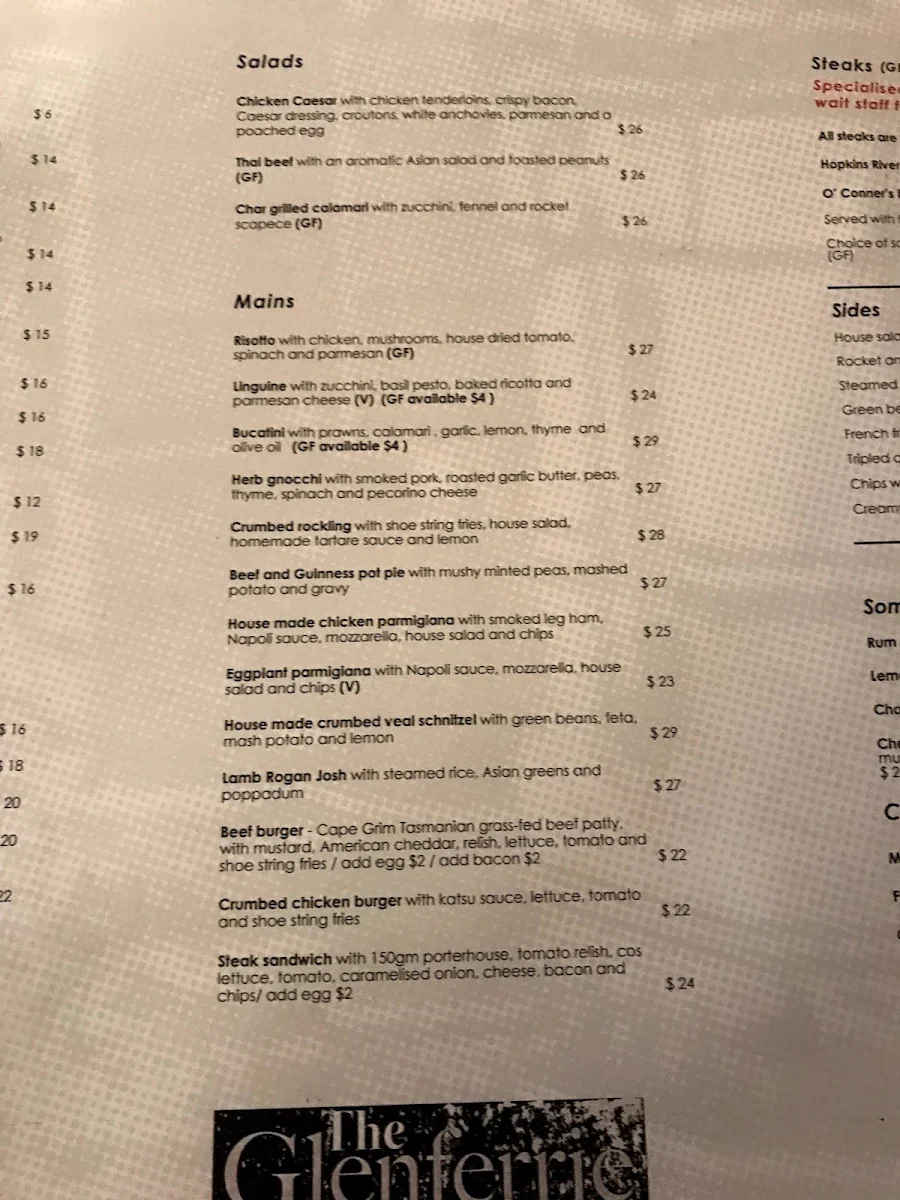 Menu, Glenferrie Hotel