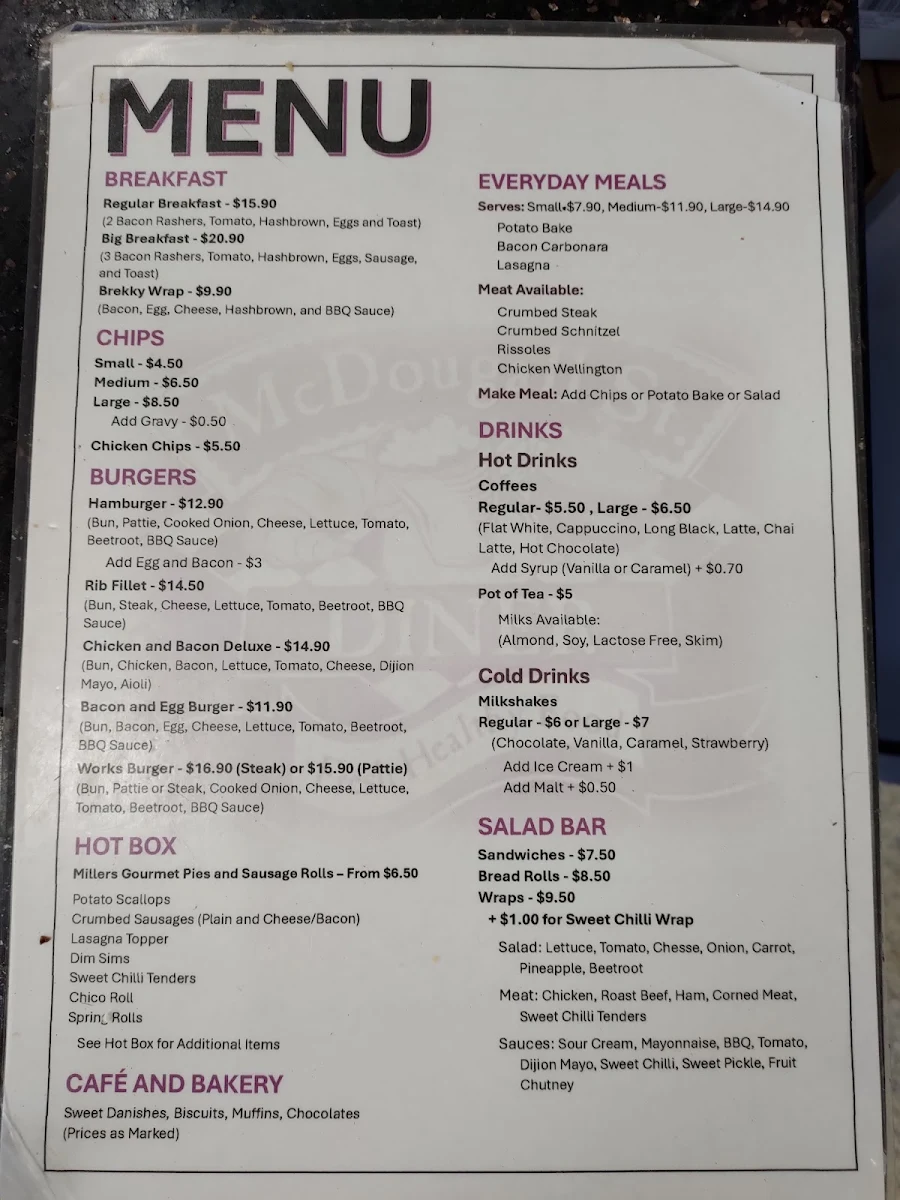 Menu, Mcdougall Street Diner