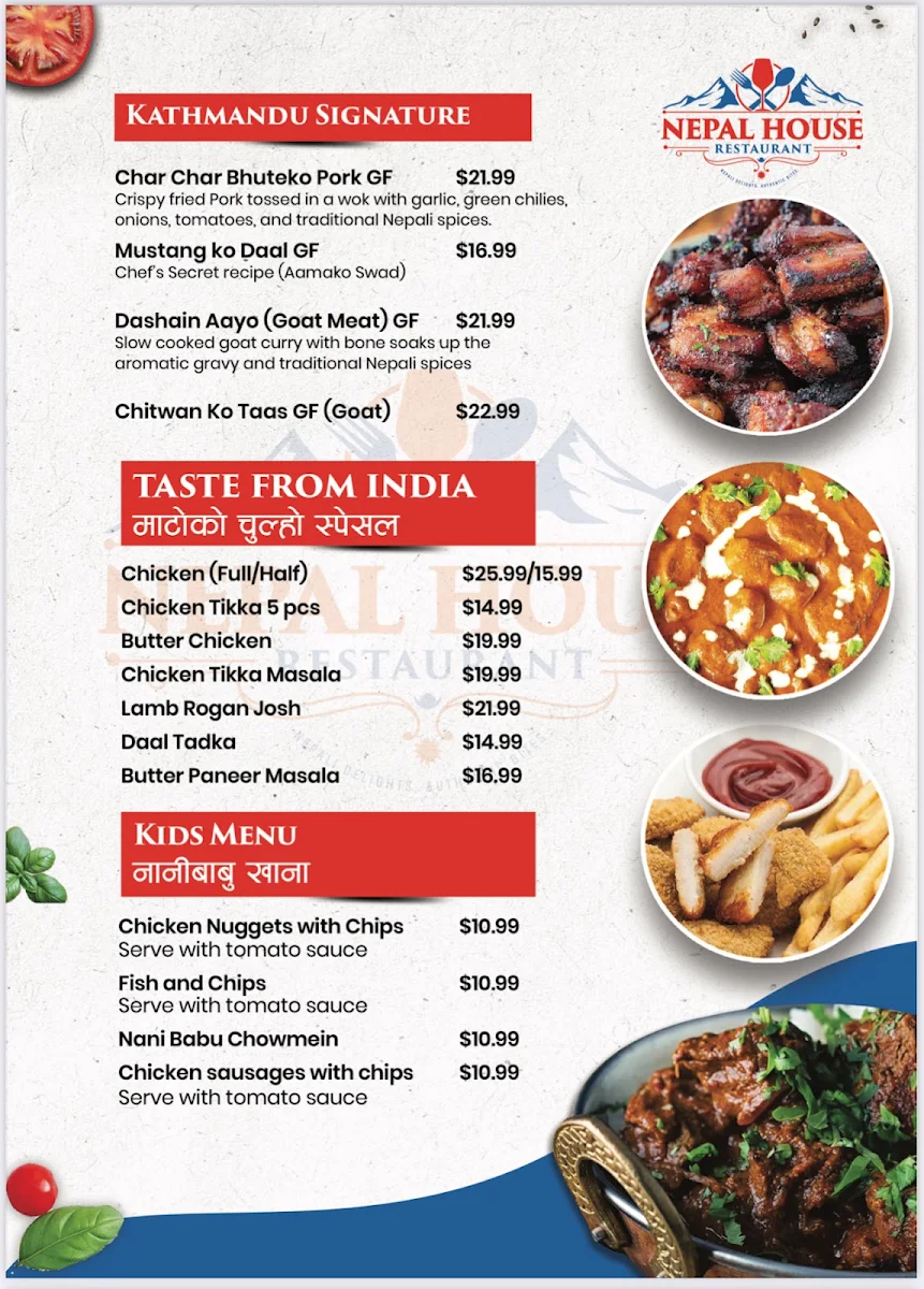 Menu, Nepal House Restaurant