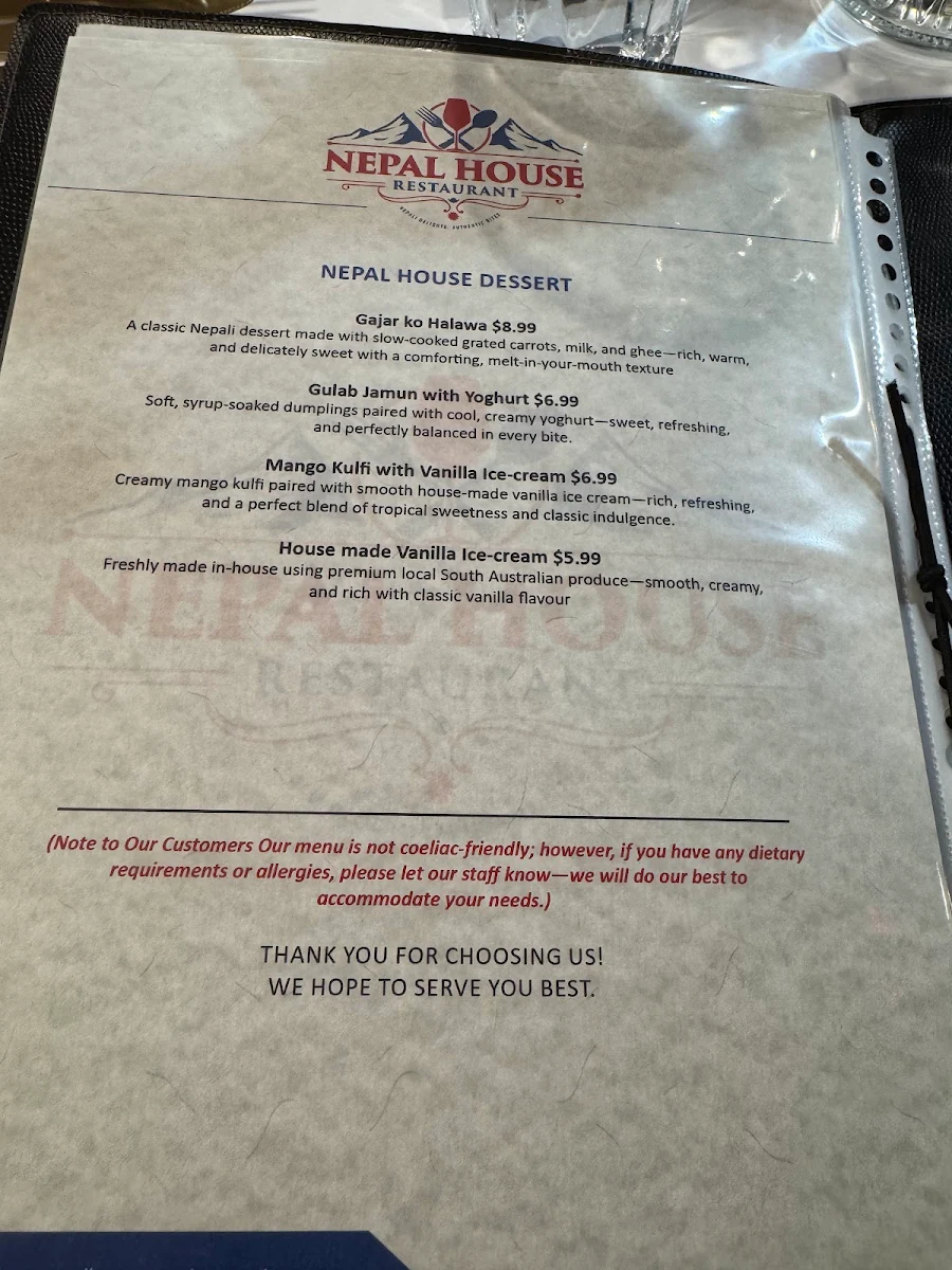 Menu, Nepal House Restaurant