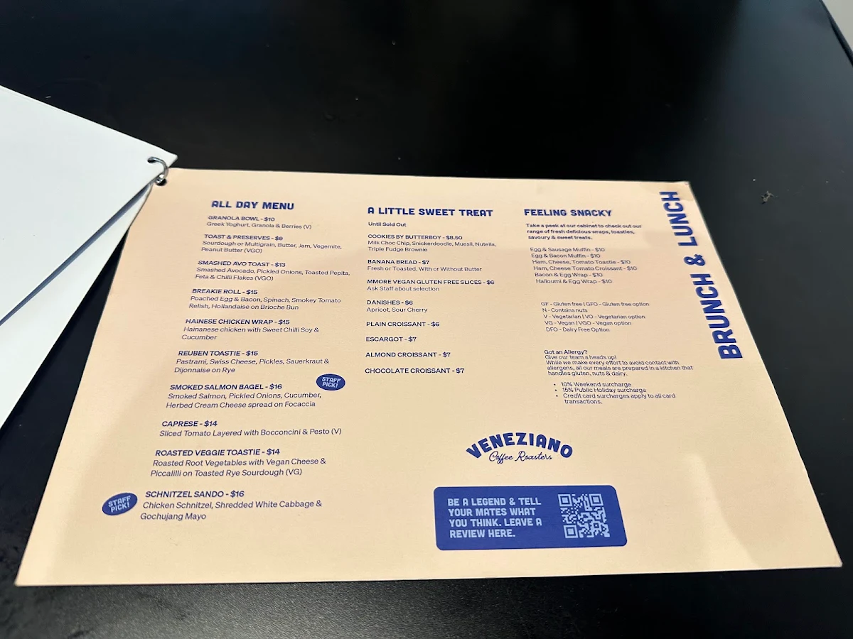 Menu, Veneziano Coffee Roasters Surry Hills