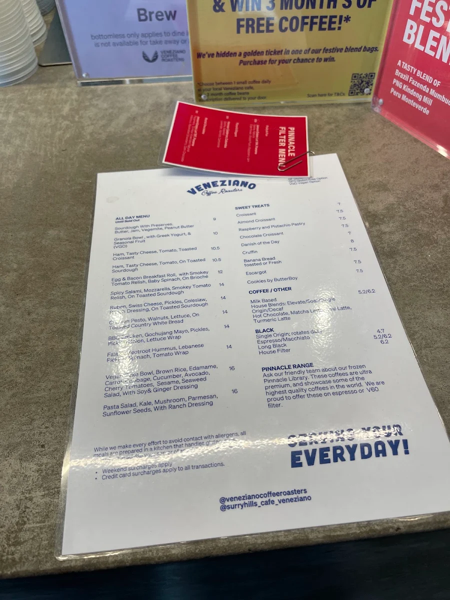 Menu, Veneziano Coffee Roasters Surry Hills