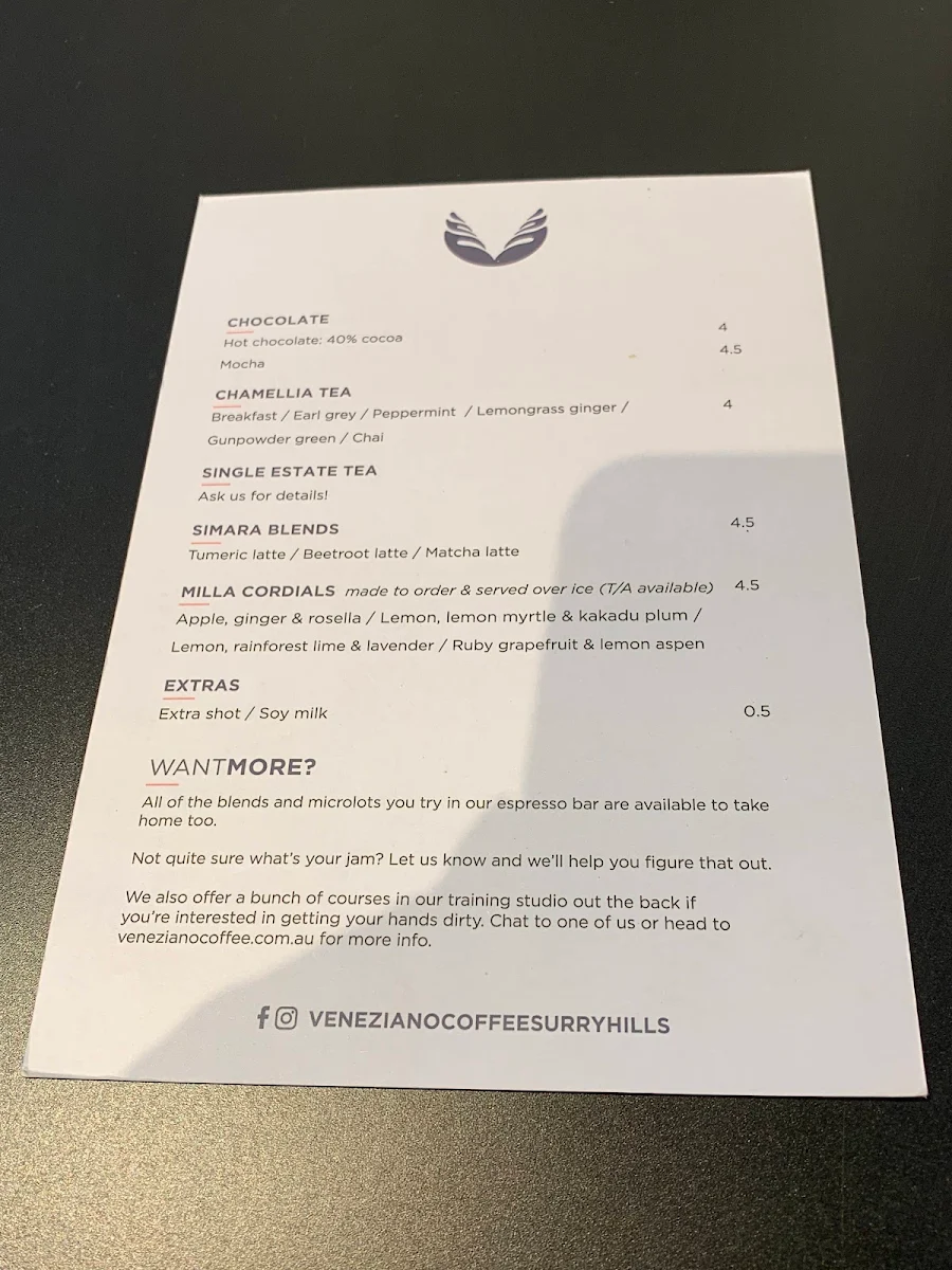 Menu, Veneziano Coffee Roasters Surry Hills
