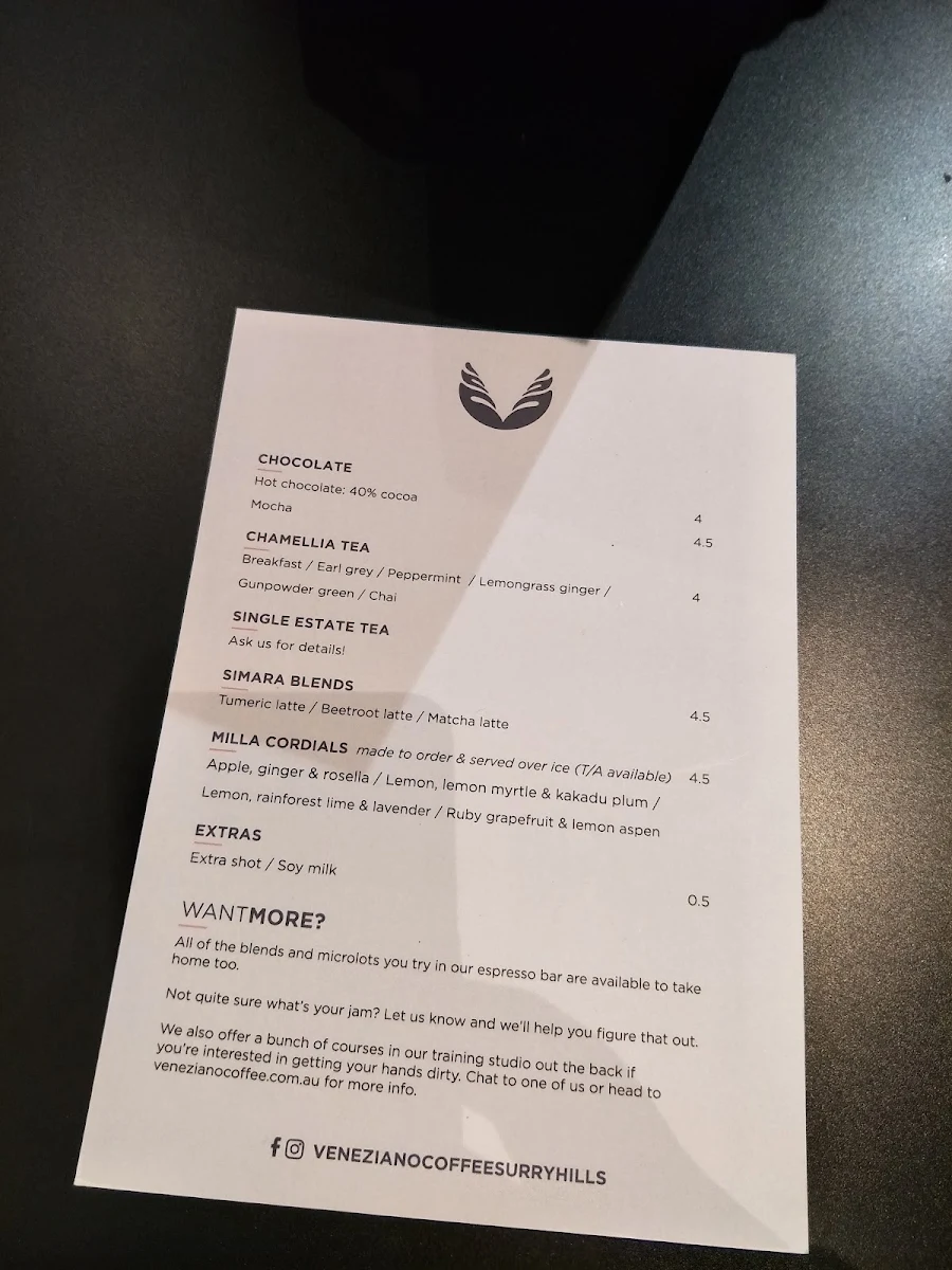 Menu, Veneziano Coffee Roasters Surry Hills