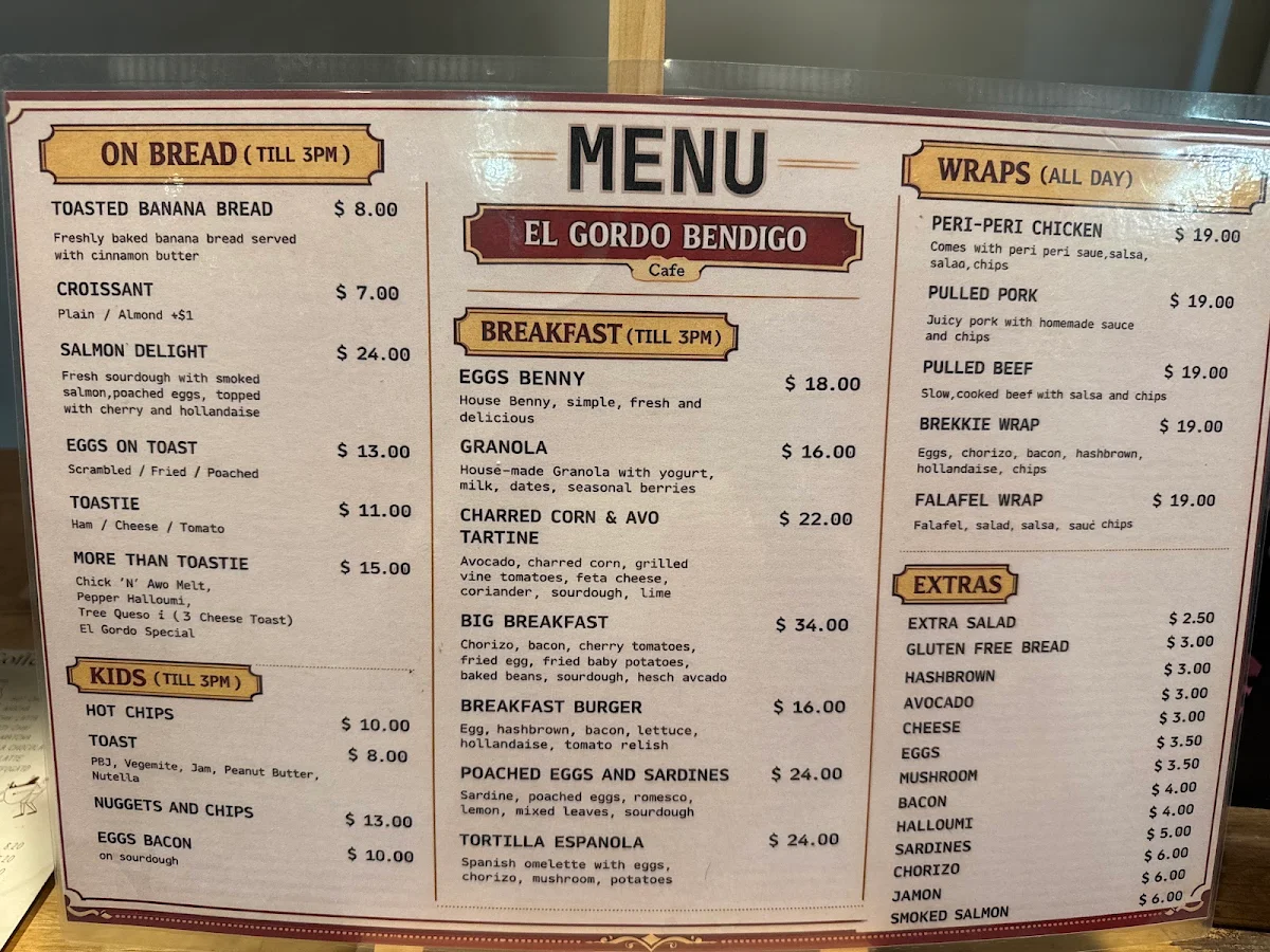 Menu, El Gordo Bendigo