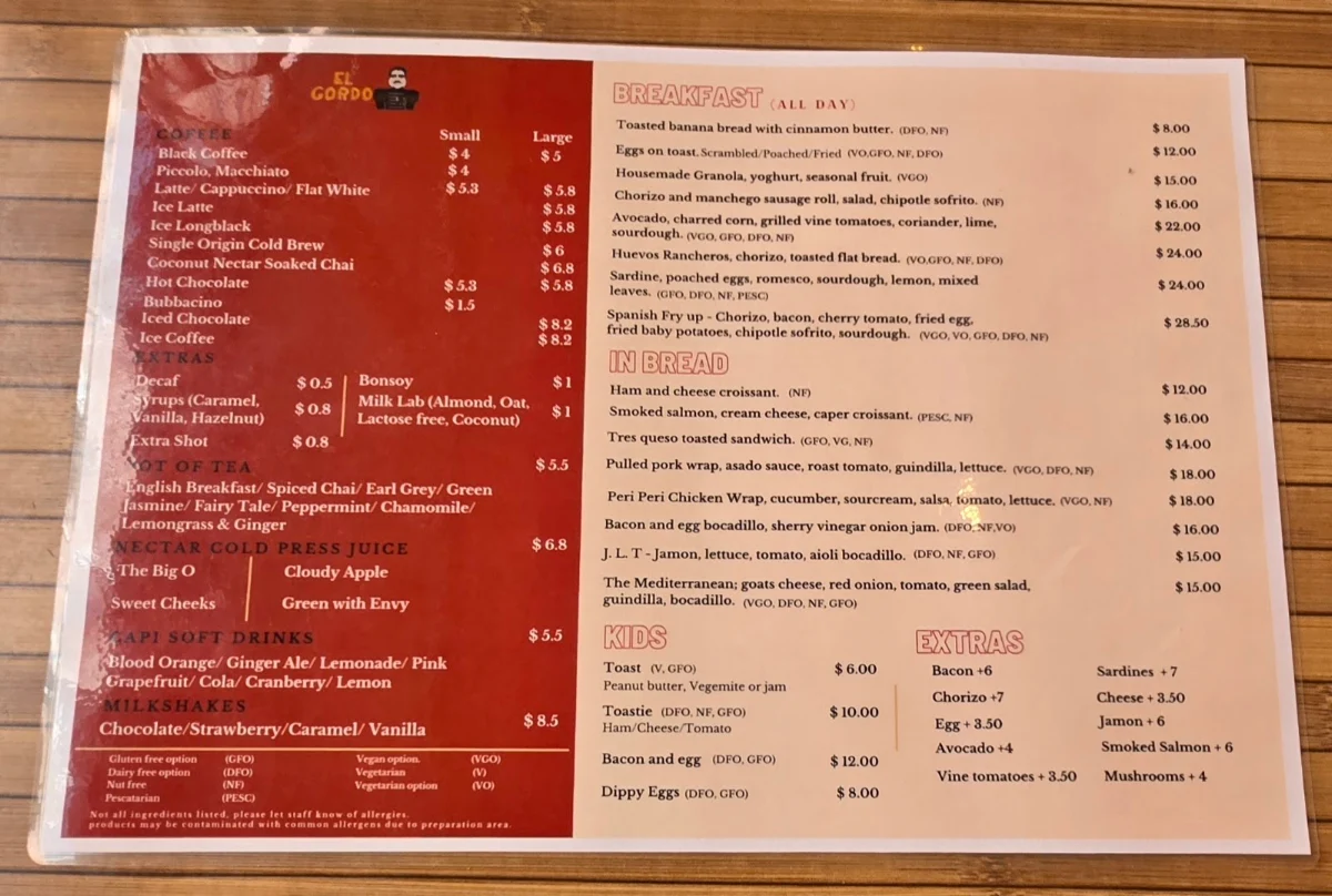 Menu, El Gordo Bendigo