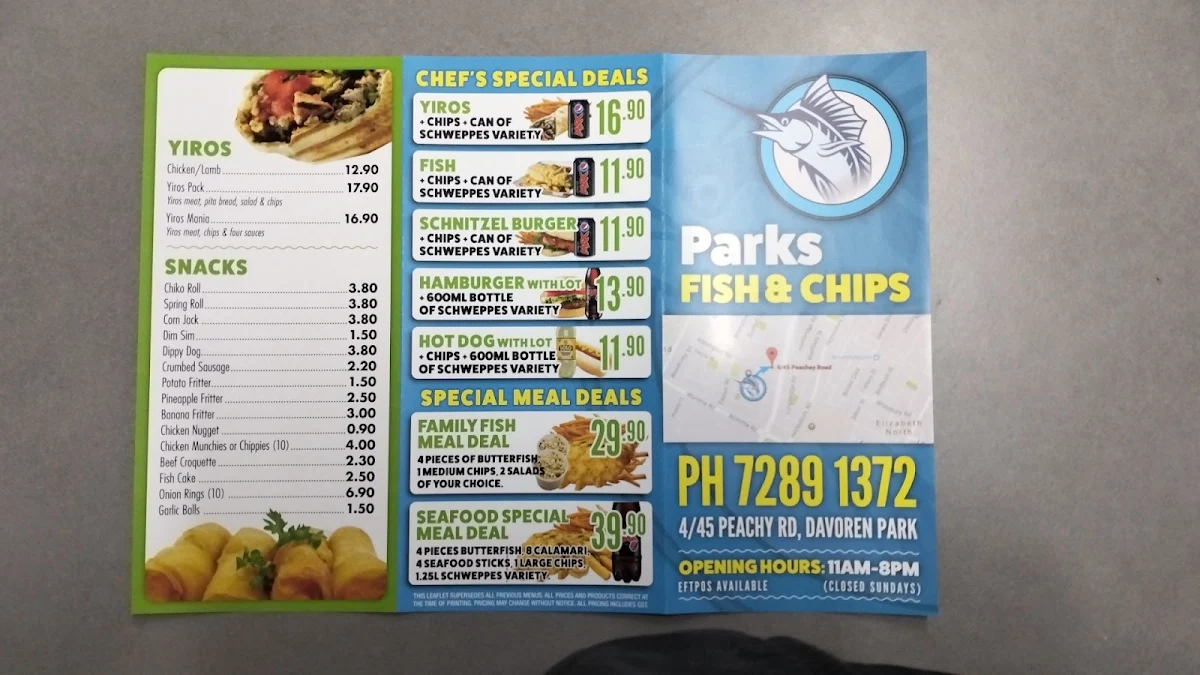 Menu, Parks Fish and Chips