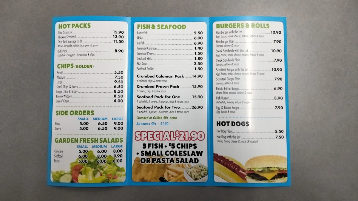 Menu, Parks Fish and Chips